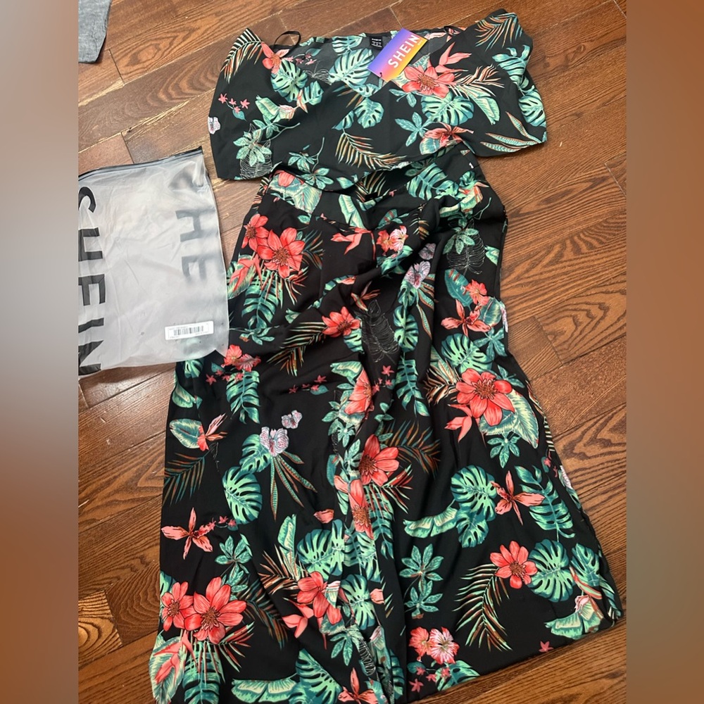 SHEIN Black Dress with Red and Green Floral Design